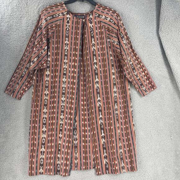El Huarache Kimono Jacket Womens XL Brown Ikat Stripe Hand Woven Cotton Duster - Picture 12 of 15